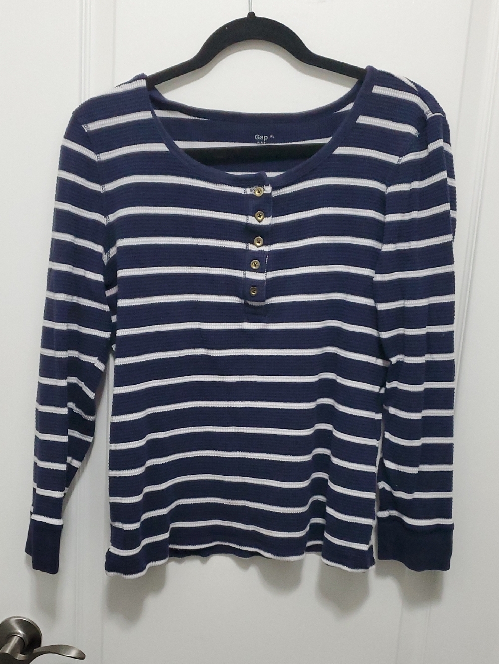 GAP Navy and White Striped Long Sleeve Waffle Henley Tee